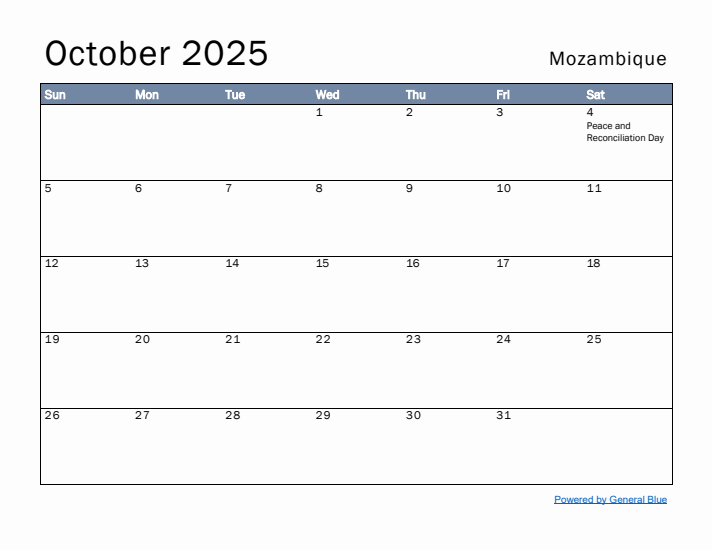 October 2025 Simple Monthly Calendar for Mozambique