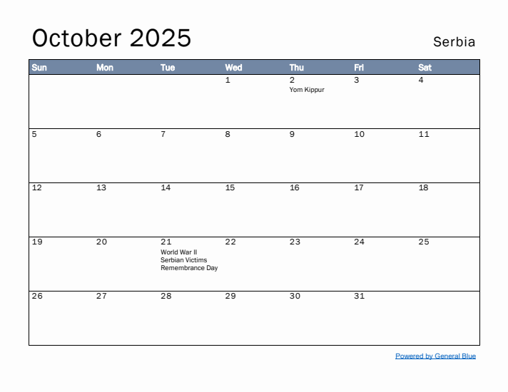 October 2025 Simple Monthly Calendar for Serbia