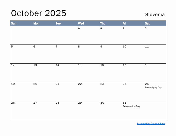 October 2025 Simple Monthly Calendar for Slovenia