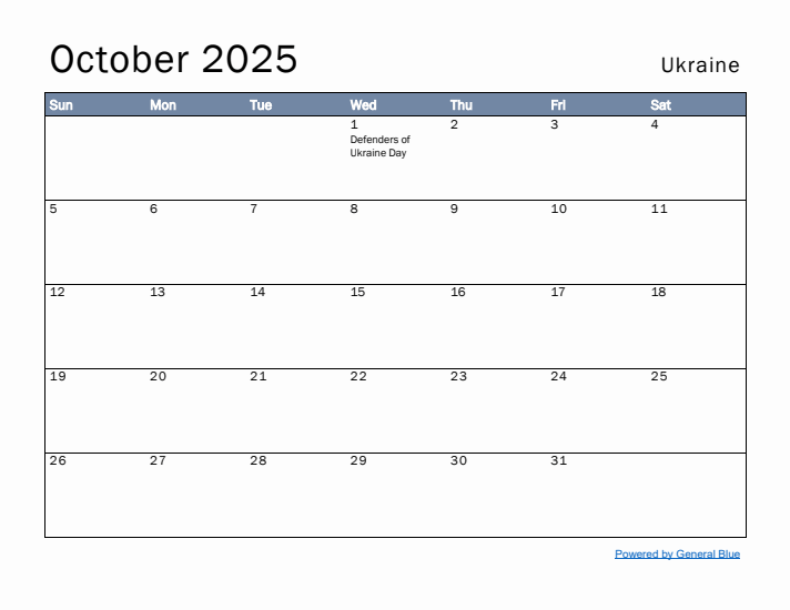 October 2025 Simple Monthly Calendar for Ukraine