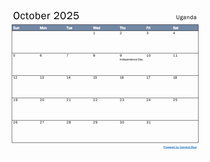 October 2025 Simple Monthly Calendar for Uganda