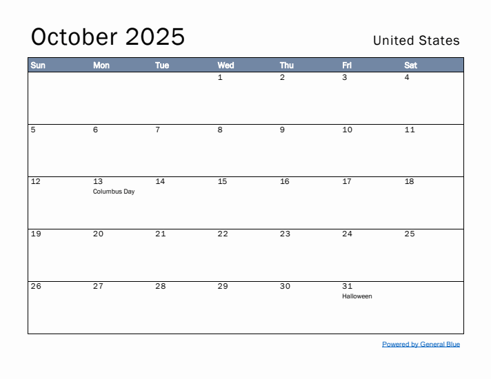 October 2025 Simple Monthly Calendar for United States