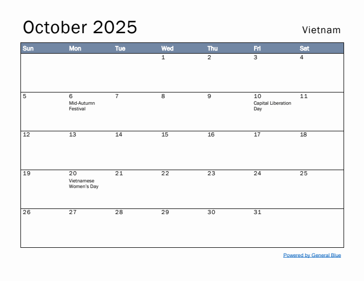 October 2025 Simple Monthly Calendar for Vietnam