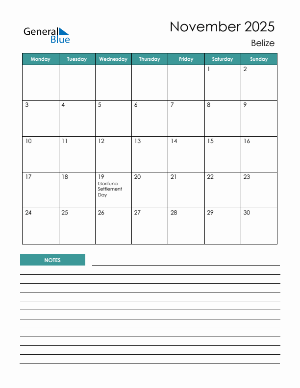 Calendar with Notes Printable - Monday Start