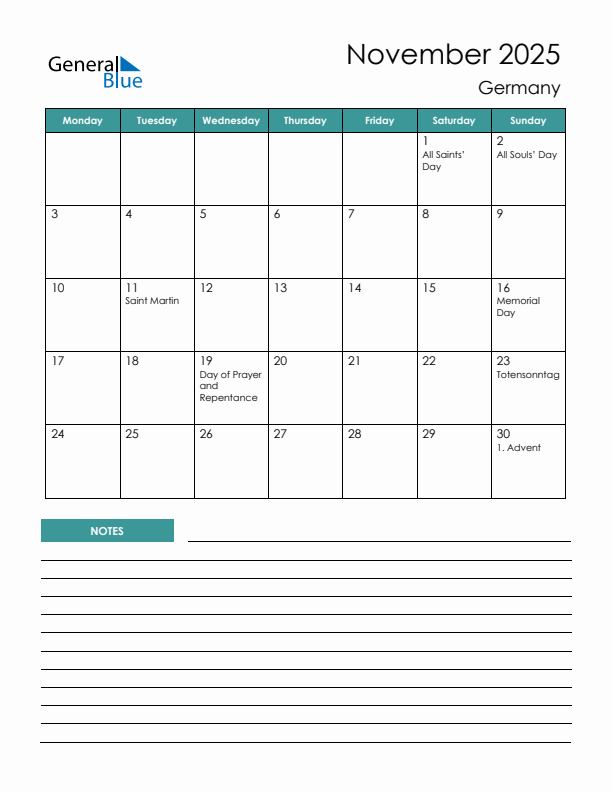 Calendar with Notes Printable - Monday Start