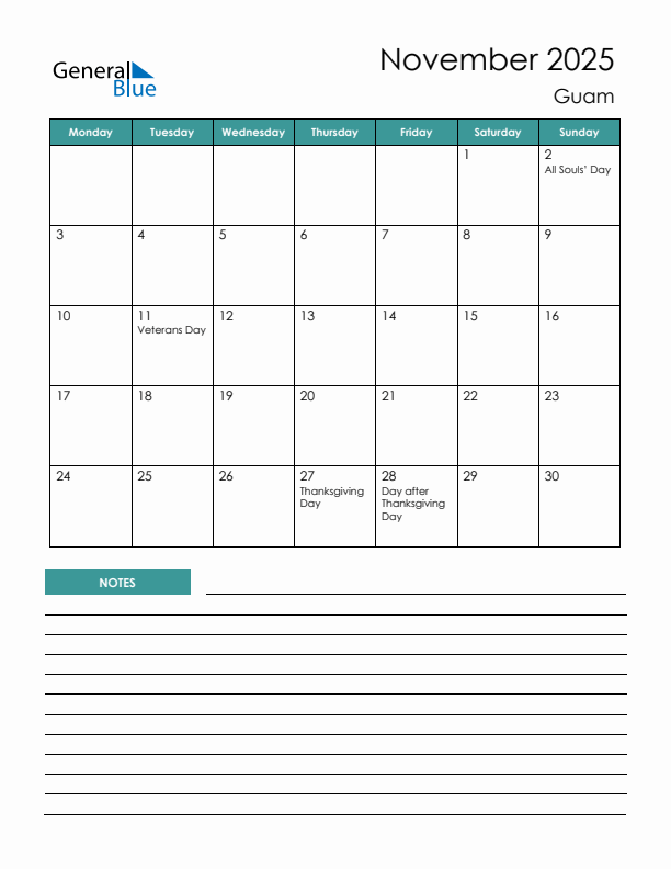 Calendar with Notes Printable - Monday Start