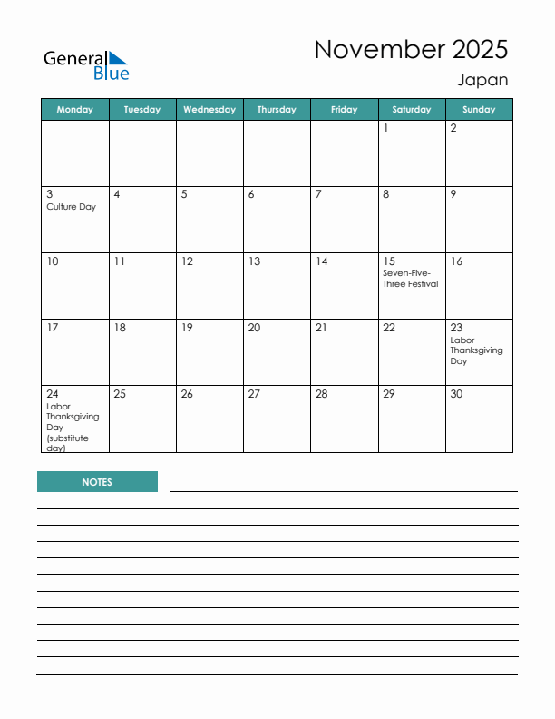 Calendar with Notes Printable - Monday Start