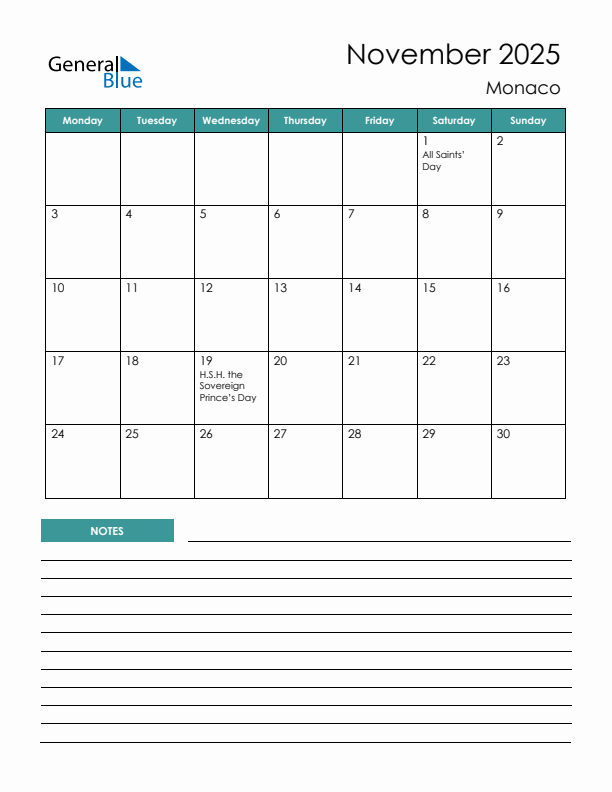 Calendar with Notes Printable - Monday Start