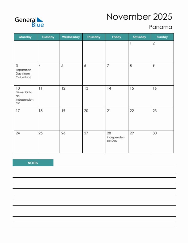 Calendar with Notes Printable - Monday Start