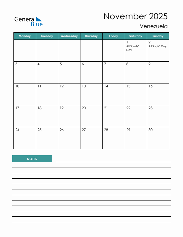 Calendar with Notes Printable - Monday Start