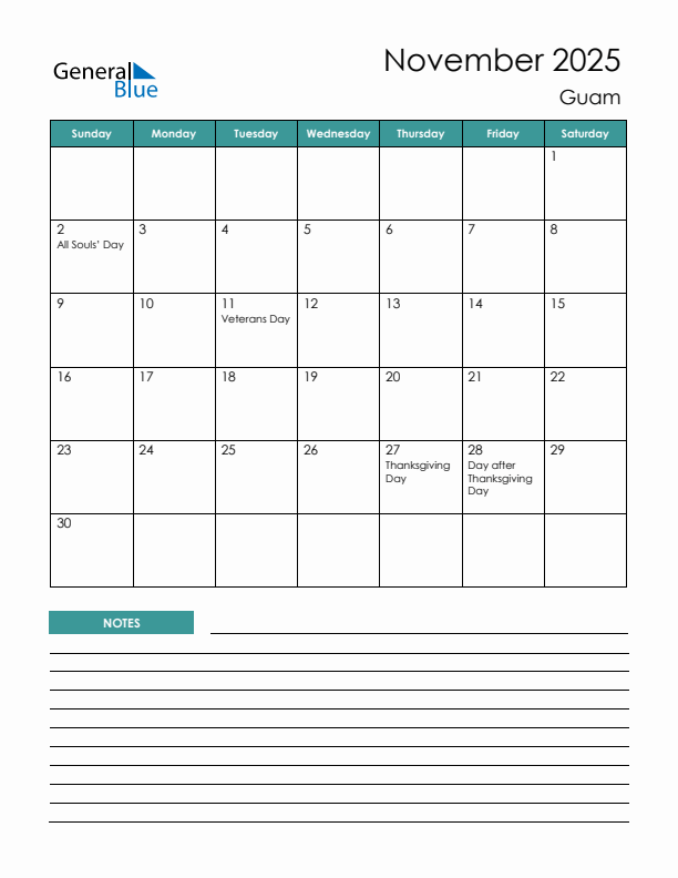 Calendar with Notes Printable - Sunday Start