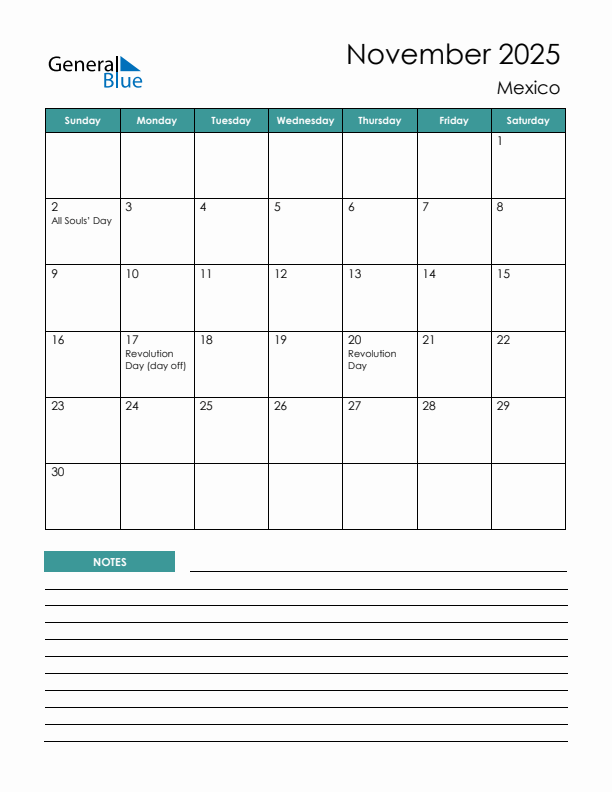 Calendar with Notes Printable - Sunday Start