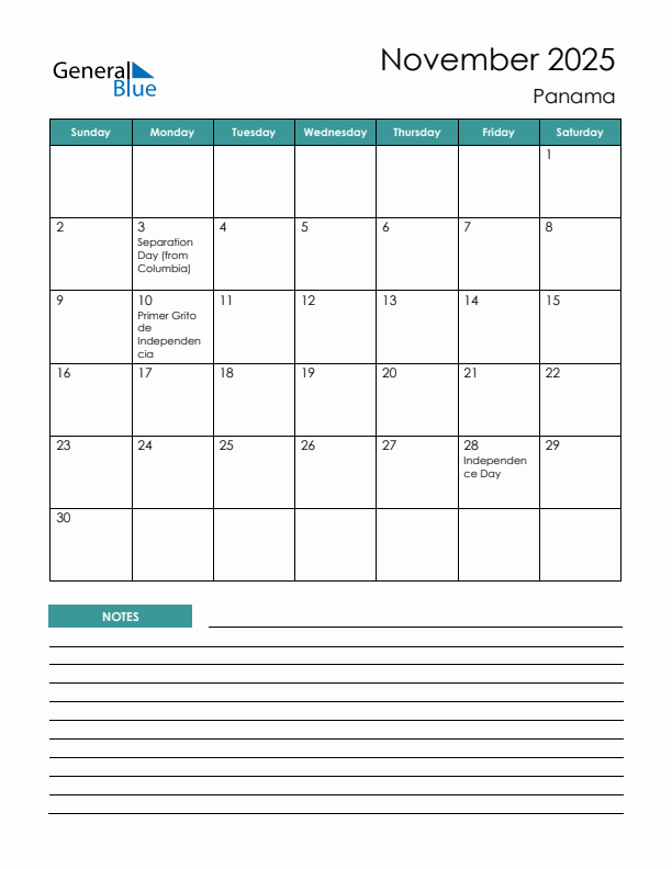 Calendar with Notes Printable - Sunday Start