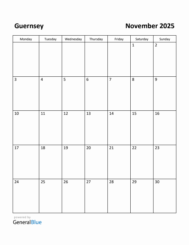 November 2025 Calendar with Guernsey Holidays