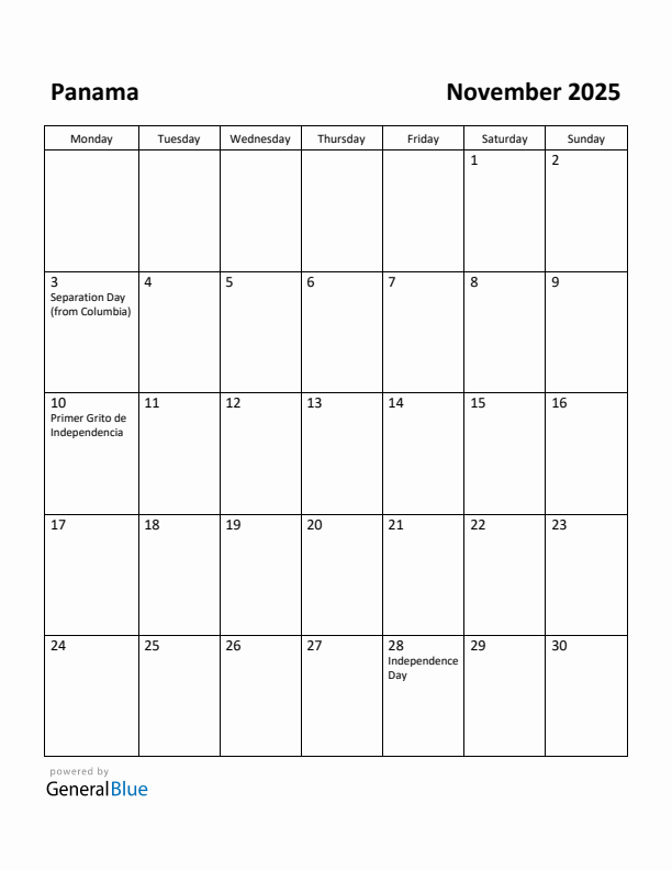 November 2025 Calendar with Panama Holidays