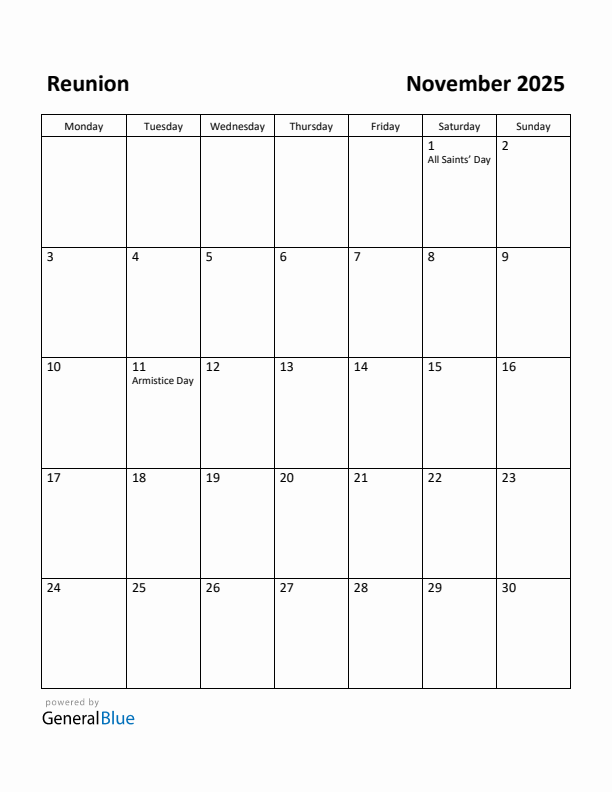 November 2025 Calendar with Reunion Holidays