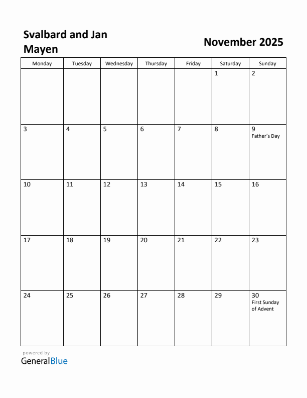 November 2025 Calendar with Svalbard and Jan Mayen Holidays