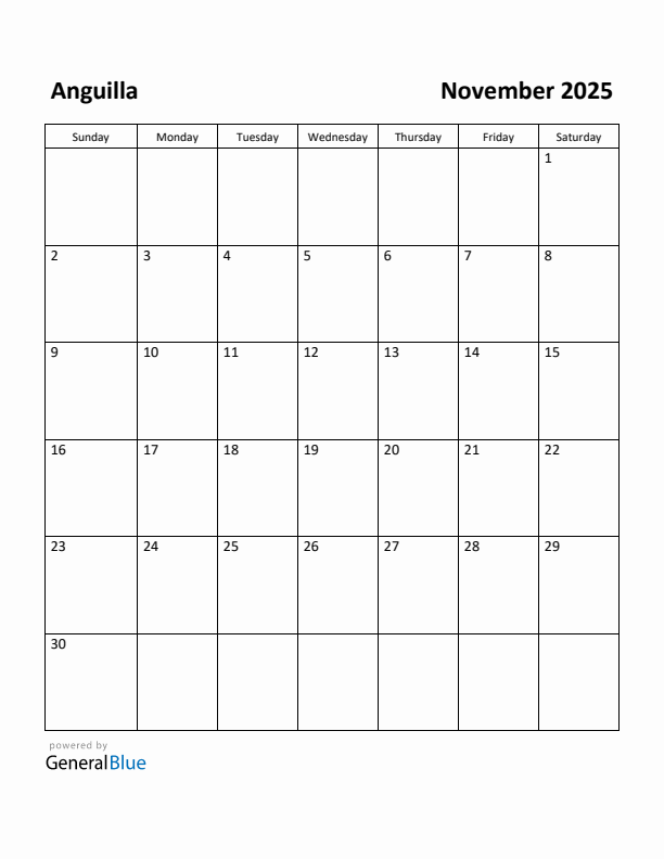 November 2025 Calendar with Anguilla Holidays