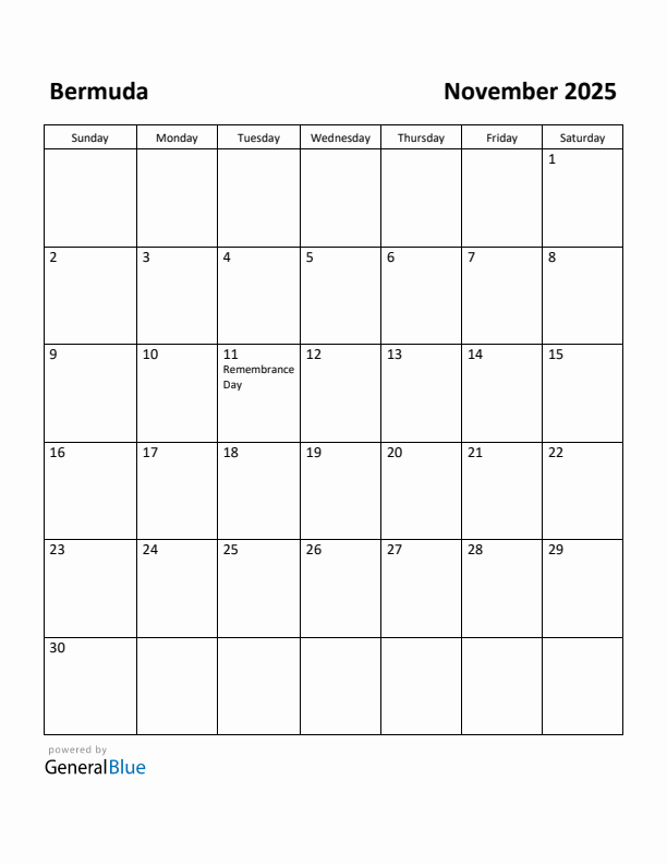 November 2025 Calendar with Bermuda Holidays