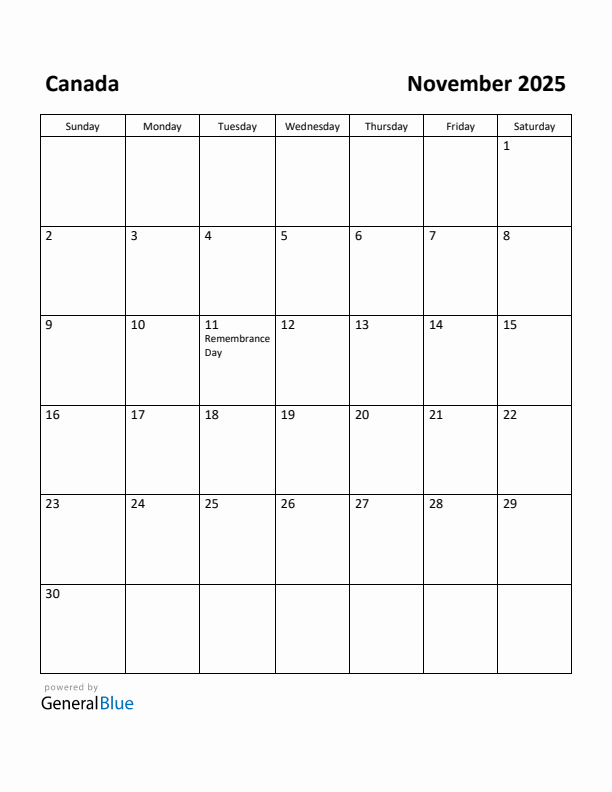 November 2025 Calendar with Canada Holidays