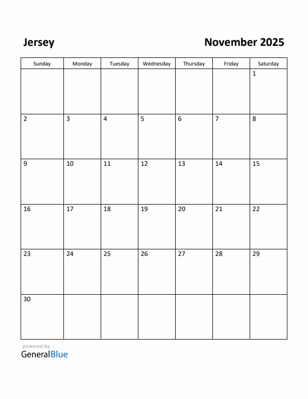 November 2025 Calendar with Jersey Holidays