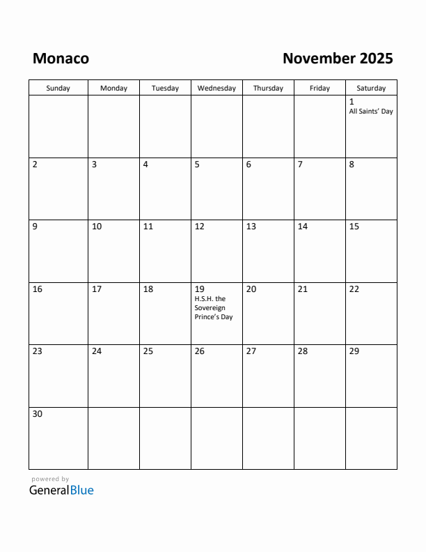 November 2025 Calendar with Monaco Holidays