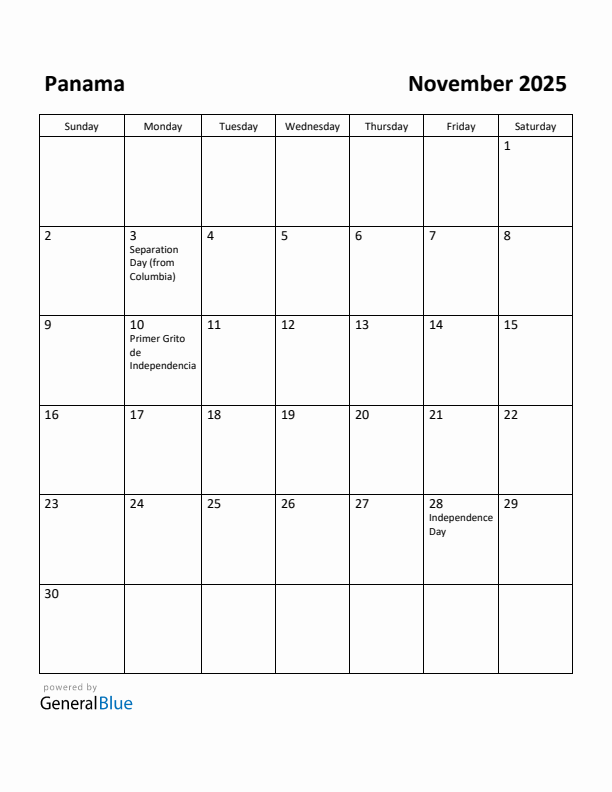 November 2025 Calendar with Panama Holidays