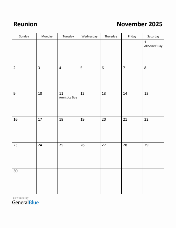 November 2025 Calendar with Reunion Holidays