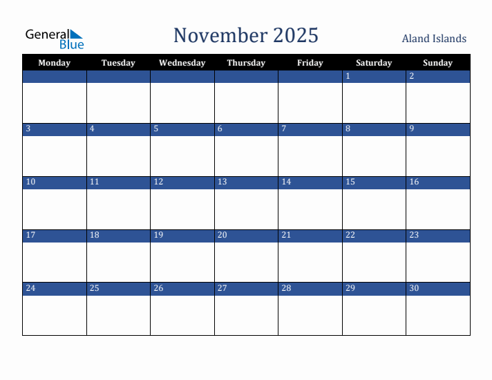 November 2025 Aland Islands Calendar (Monday Start)