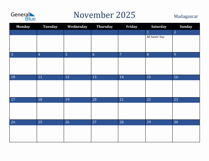 November 2025 Madagascar Calendar (Monday Start)