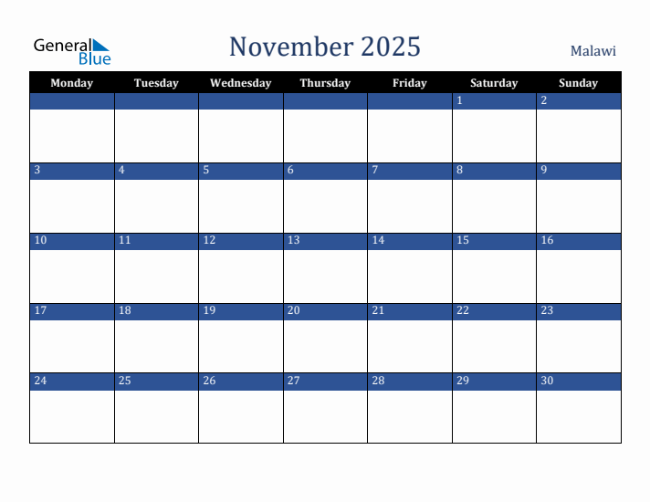 November 2025 Malawi Calendar (Monday Start)