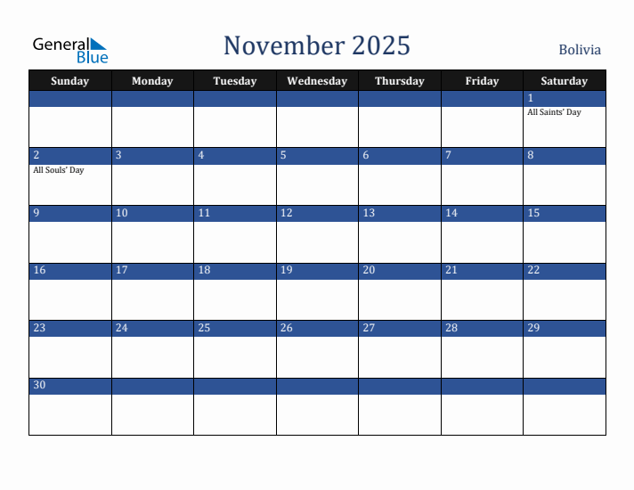 November 2025 Bolivia Calendar (Sunday Start)