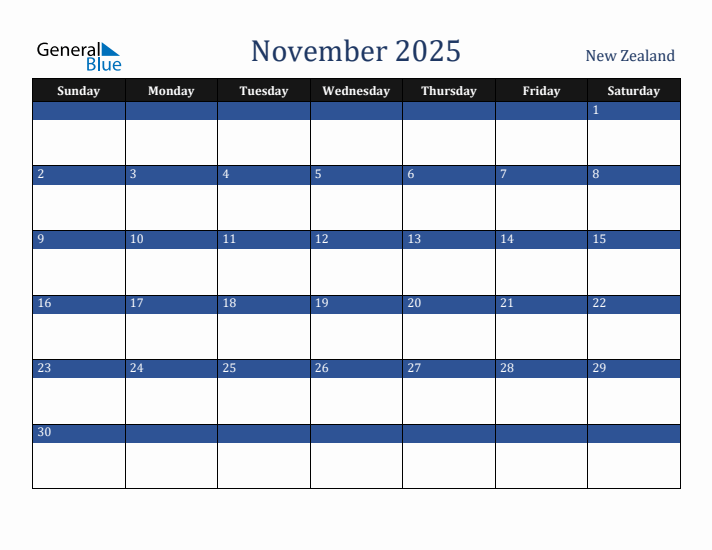 November 2025 New Zealand Calendar (Sunday Start)