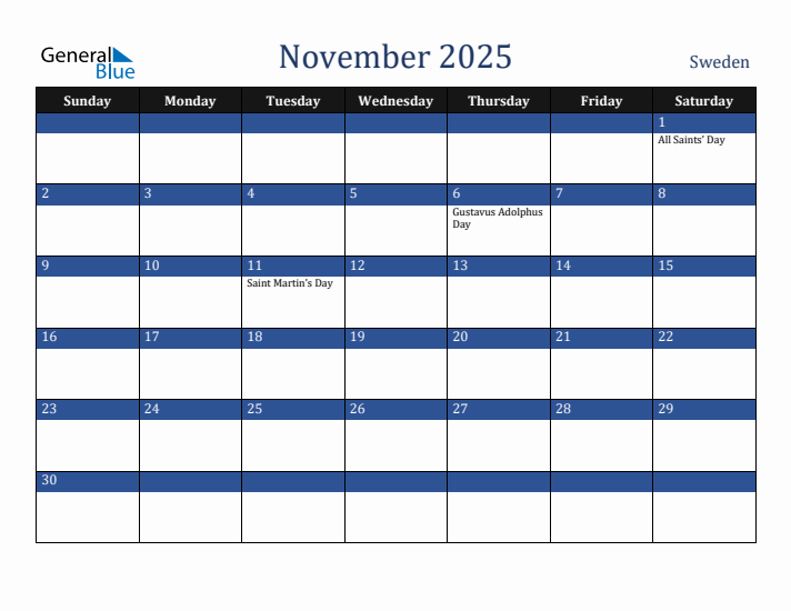 November 2025 Sweden Calendar (Sunday Start)