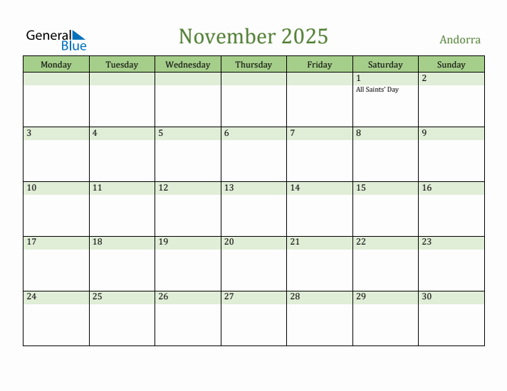 November 2025 Calendar with Andorra Holidays