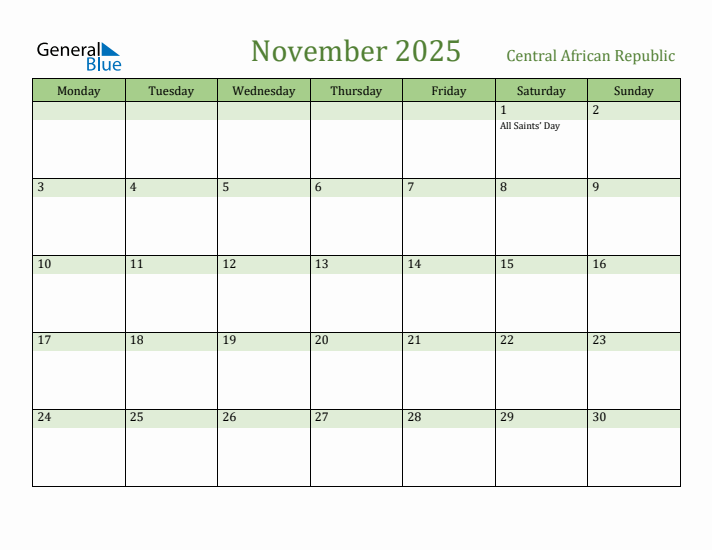 November 2025 Calendar with Central African Republic Holidays