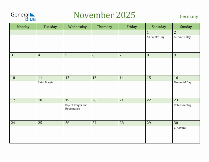 November 2025 Calendar with Germany Holidays