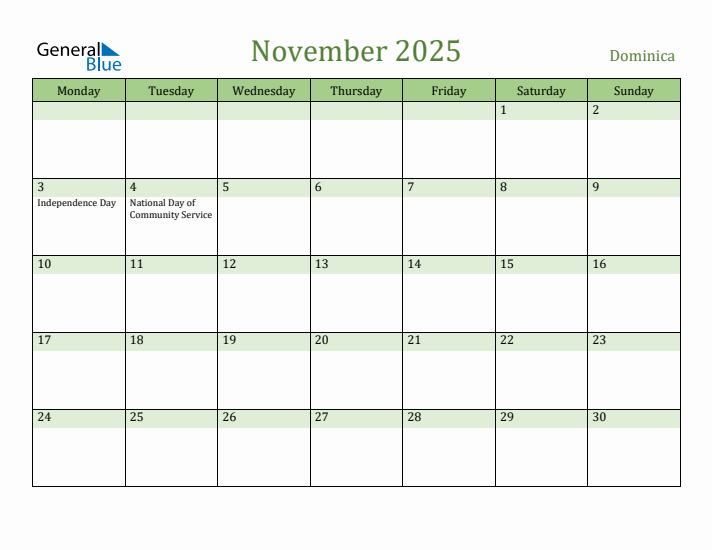 November 2025 Calendar with Dominica Holidays