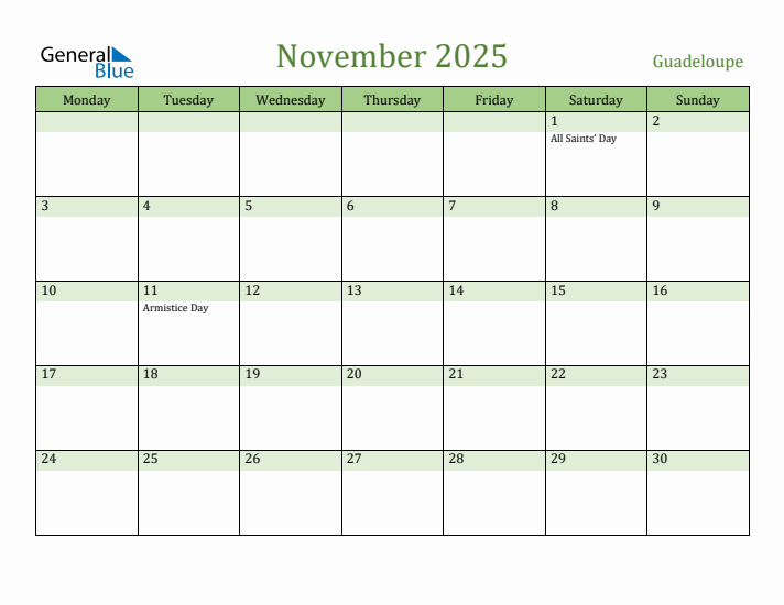 November 2025 Calendar with Guadeloupe Holidays