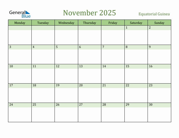 November 2025 Calendar with Equatorial Guinea Holidays