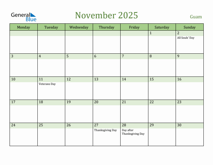 November 2025 Calendar with Guam Holidays