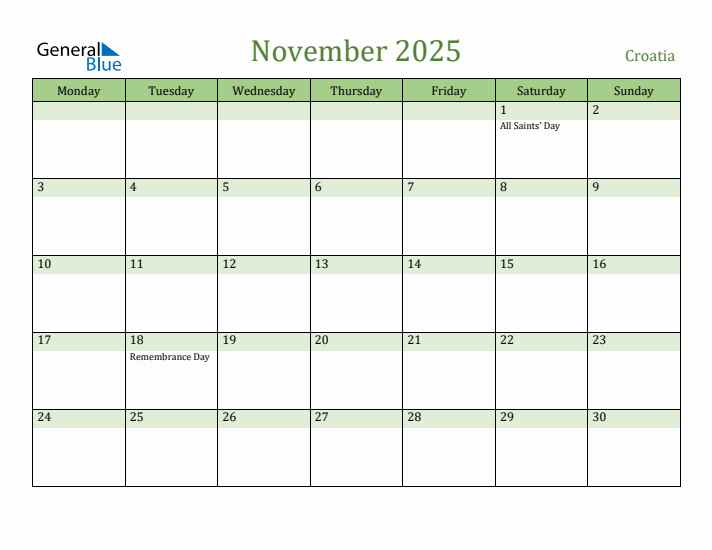 November 2025 Calendar with Croatia Holidays