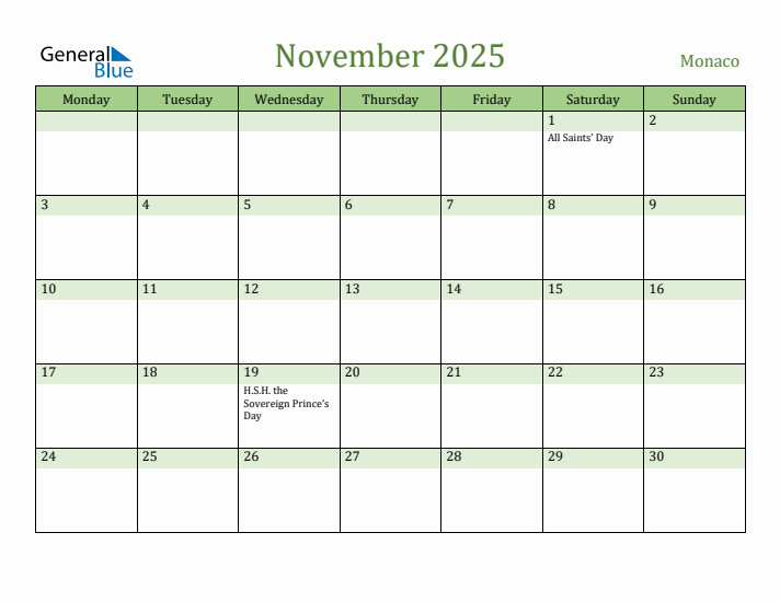 November 2025 Calendar with Monaco Holidays