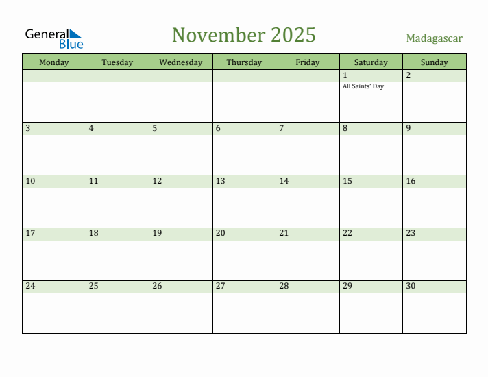 November 2025 Calendar with Madagascar Holidays