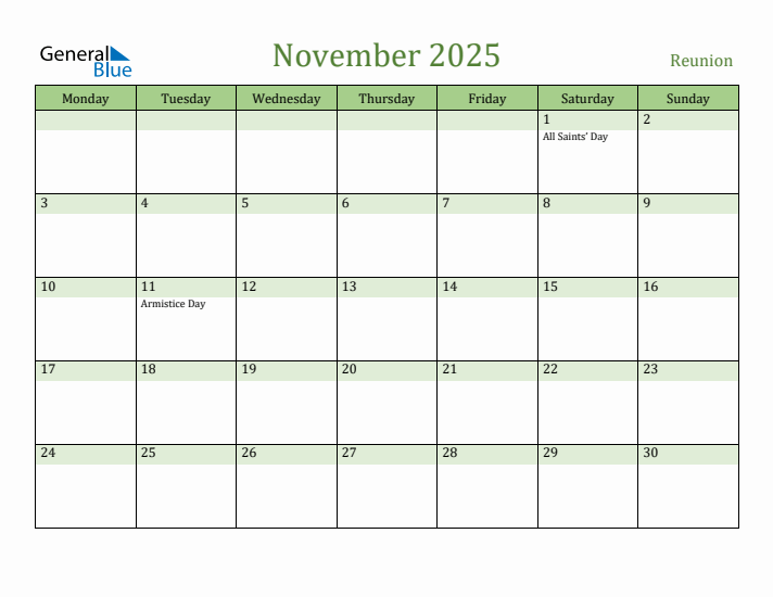 November 2025 Calendar with Reunion Holidays