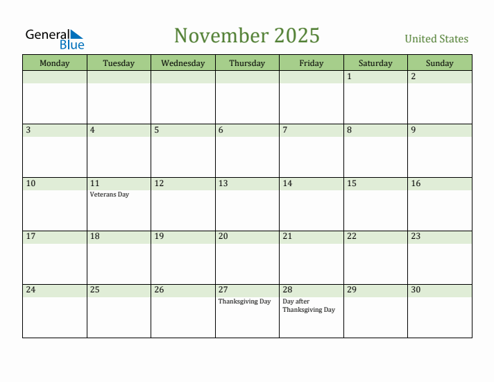 November 2025 Calendar with United States Holidays