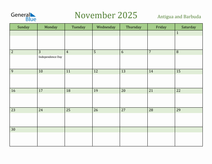 November 2025 Calendar with Antigua and Barbuda Holidays