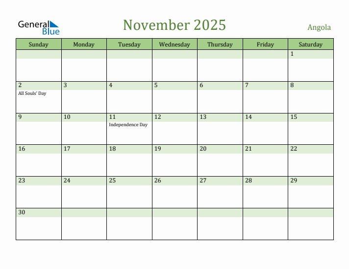 November 2025 Calendar with Angola Holidays