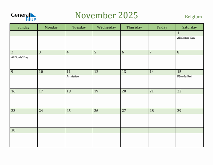 November 2025 Calendar with Belgium Holidays