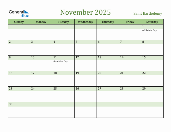 November 2025 Calendar with Saint Barthelemy Holidays